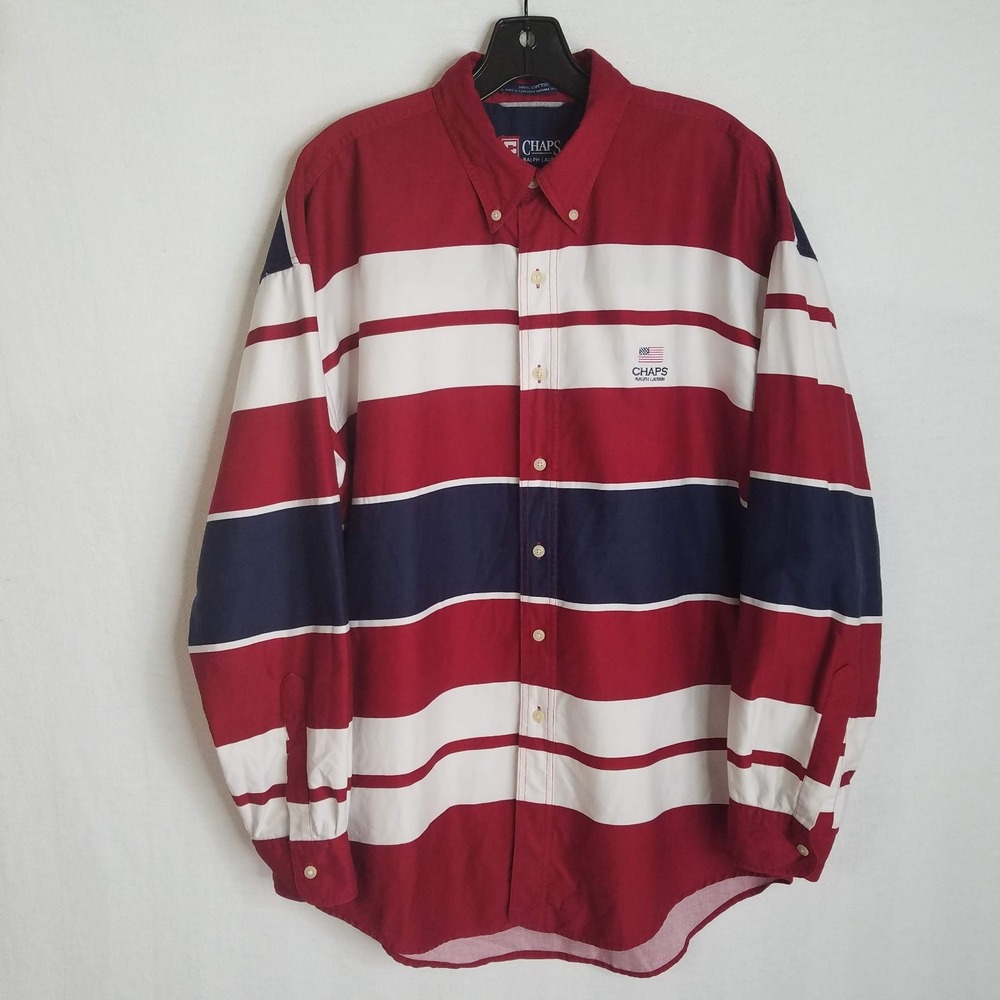 Vintage Chaps Ralph Lauren Men's Large Red White Blue Button Down L/S Shirt C327